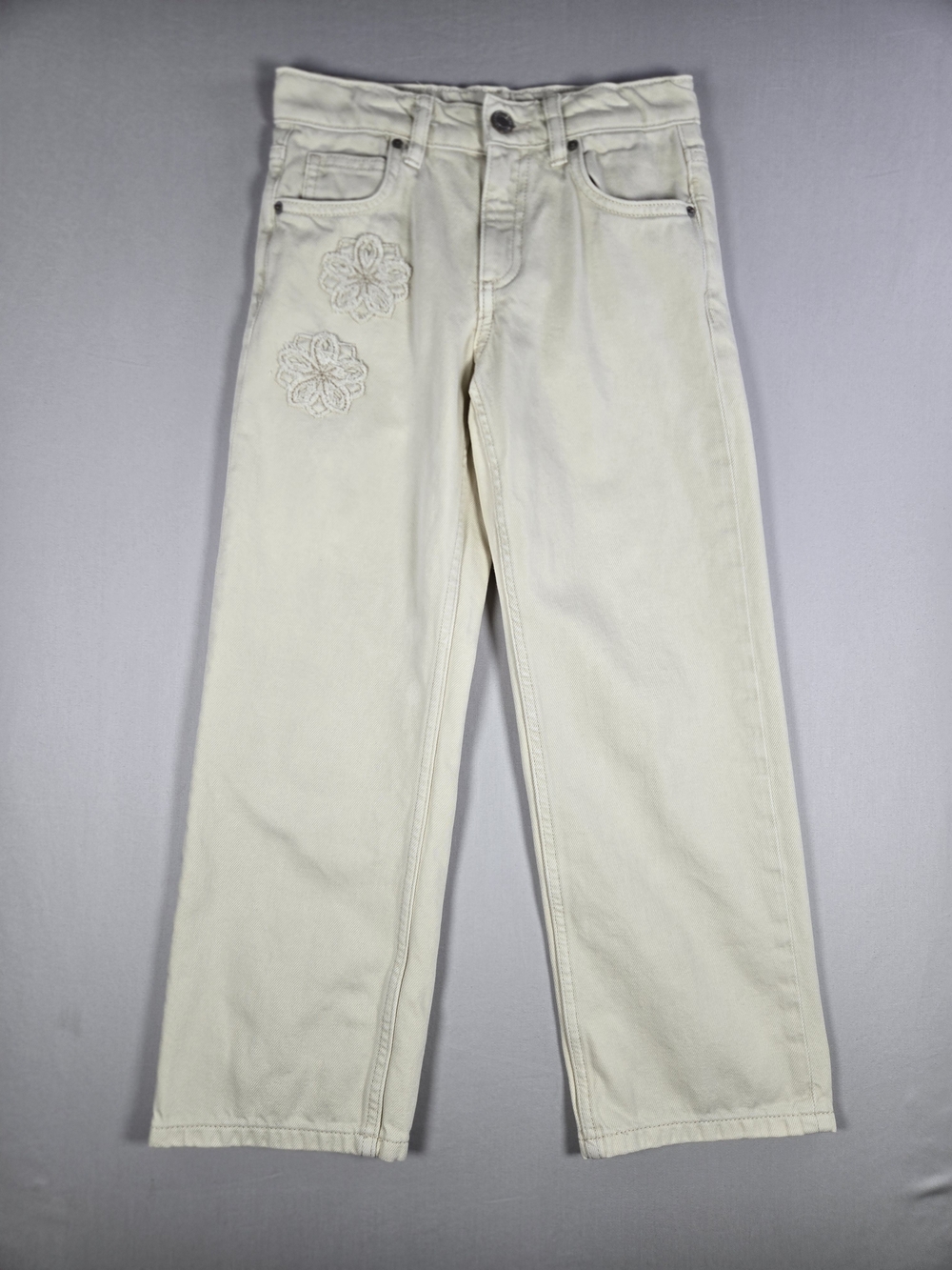Zara Girls Cream Floral Embroidered Jeans Size 8 Boho Cotton